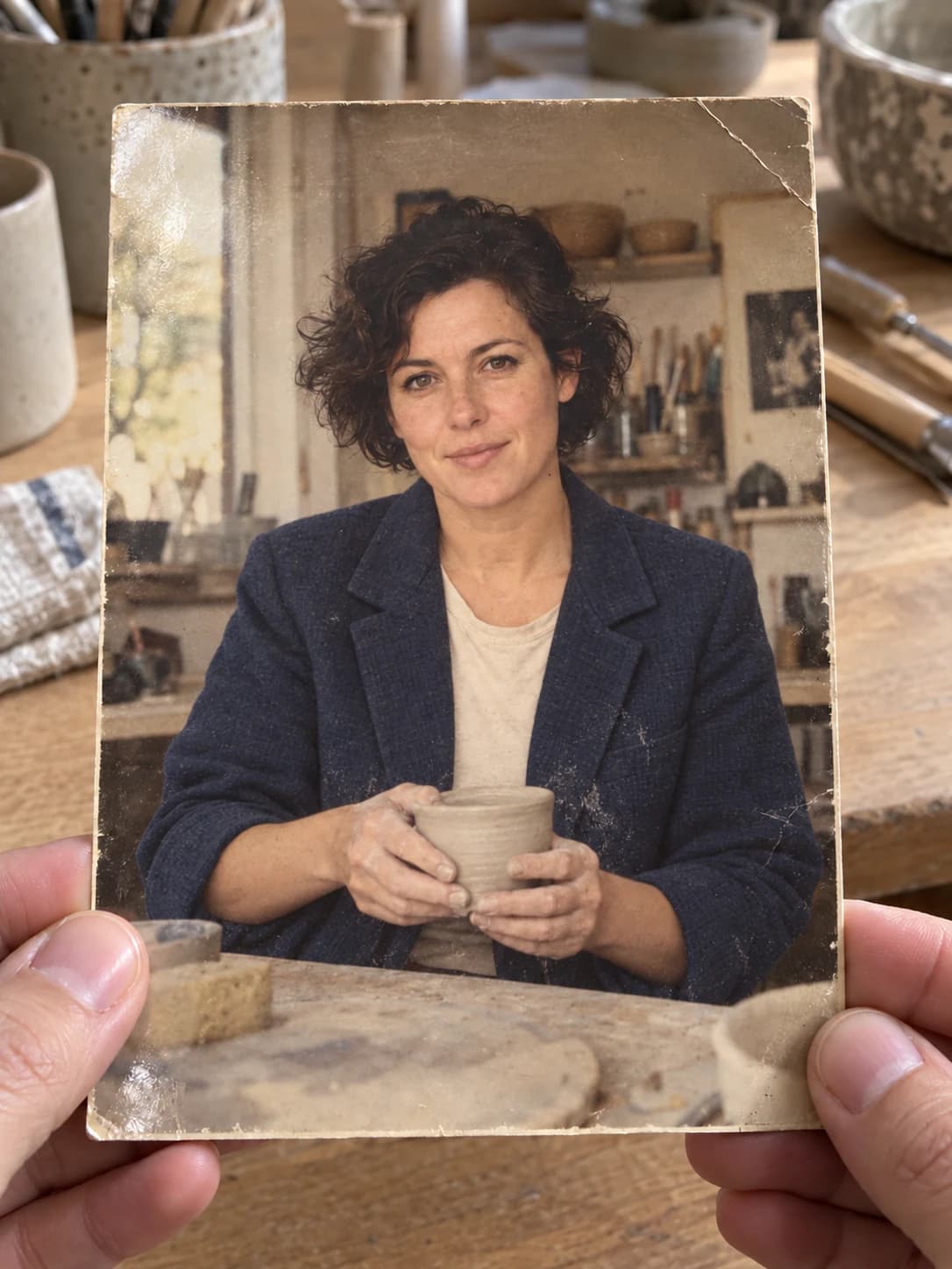 Held vintage photo of the ceramic artist in an indigo blazer