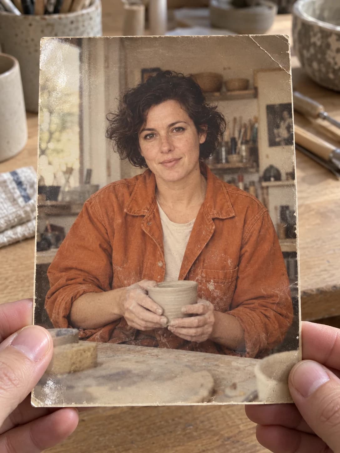 Held vintage photo of a ceramic artist in a terracotta work jacket