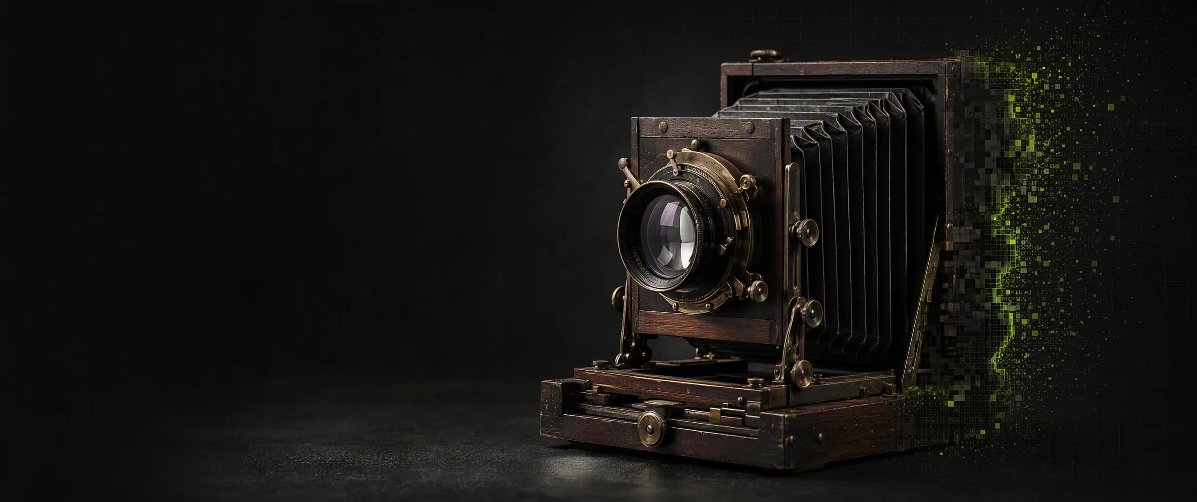 Vintage large-format camera dissolving into pixels