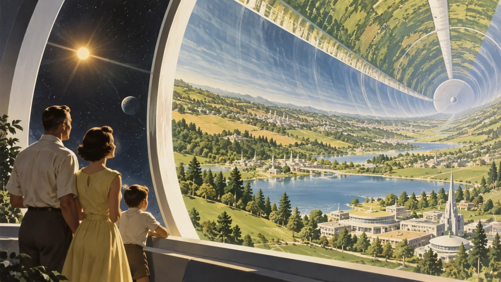 Retrofuturist orbital city viewed through a monumental window