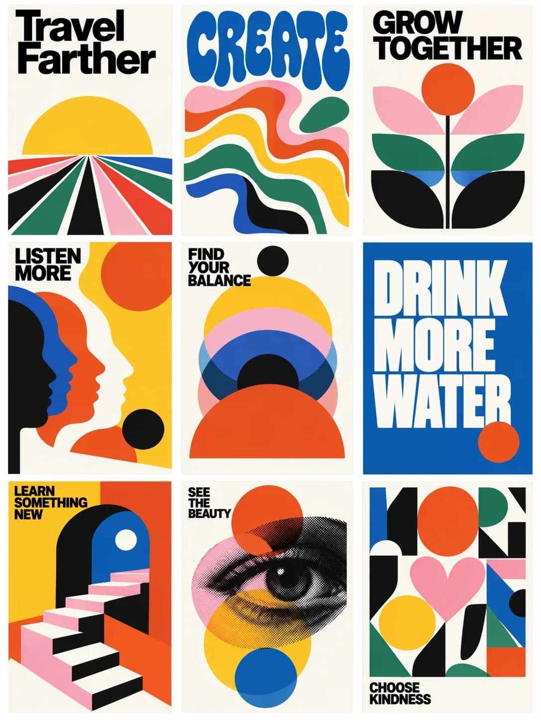 Mid-century poster series with bold geometric typography