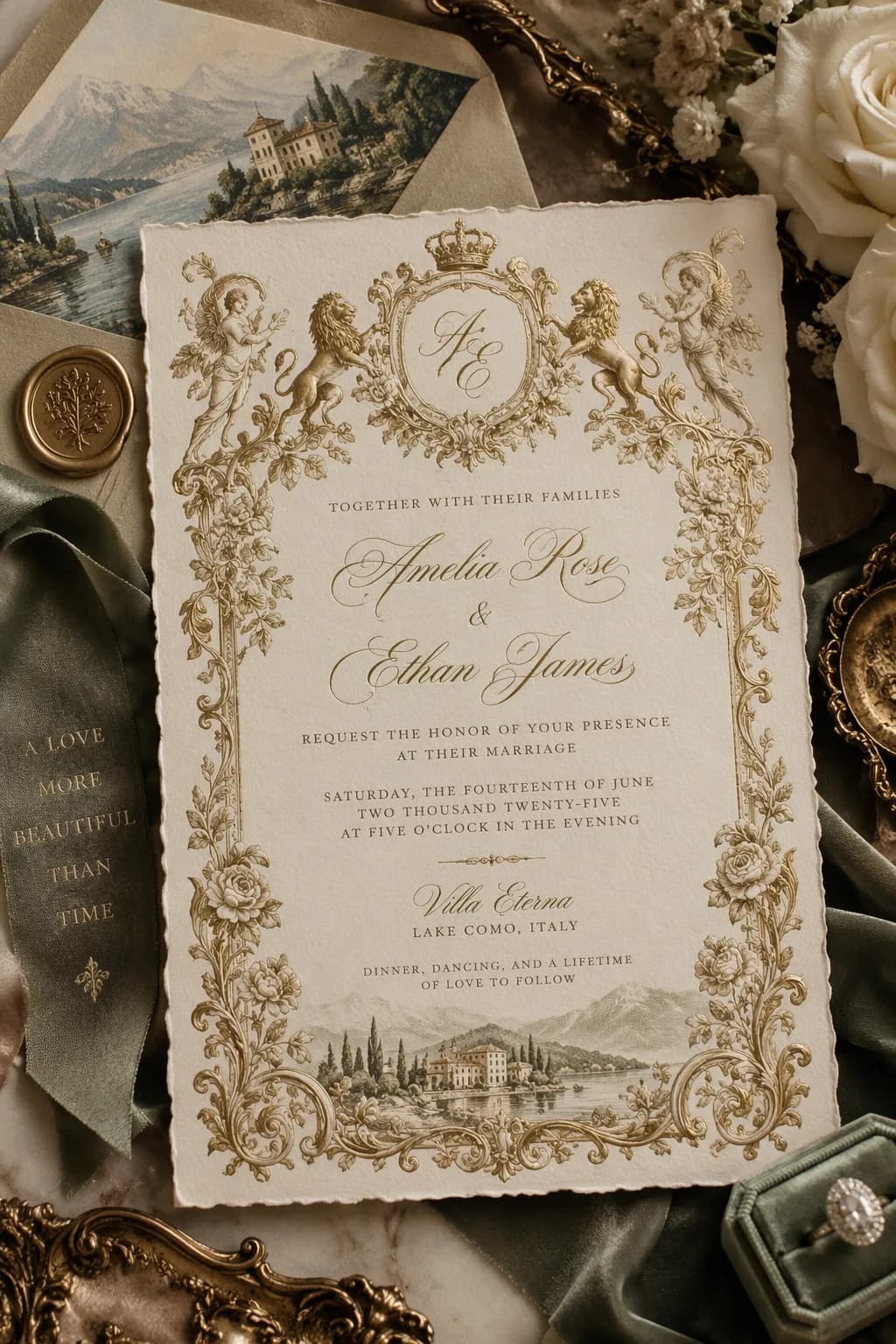Ornate wedding invitation with structured typography