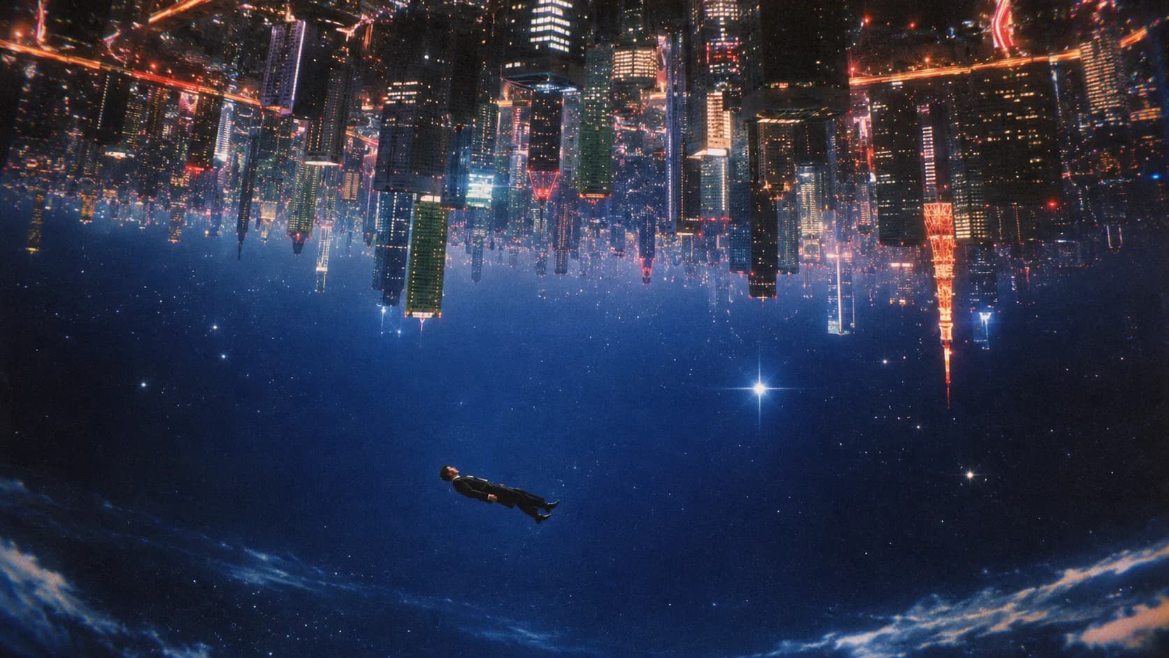 Surreal science-fiction landscape folding into an inverted city