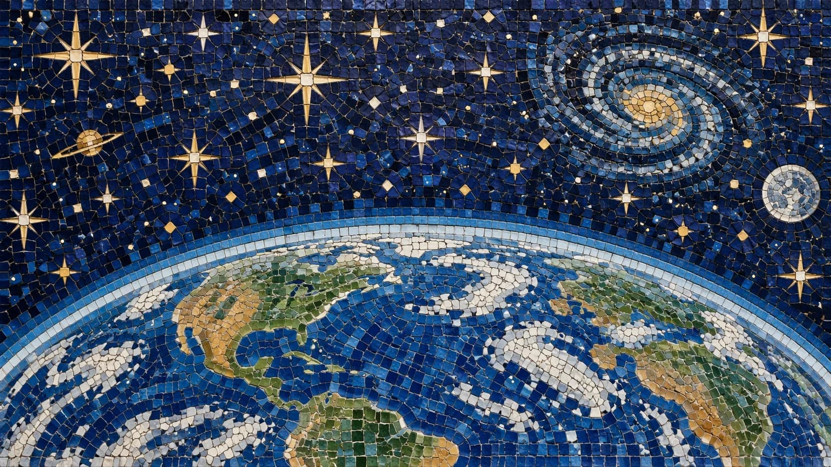 Earth and galaxy rendered as a detailed blue mosaic