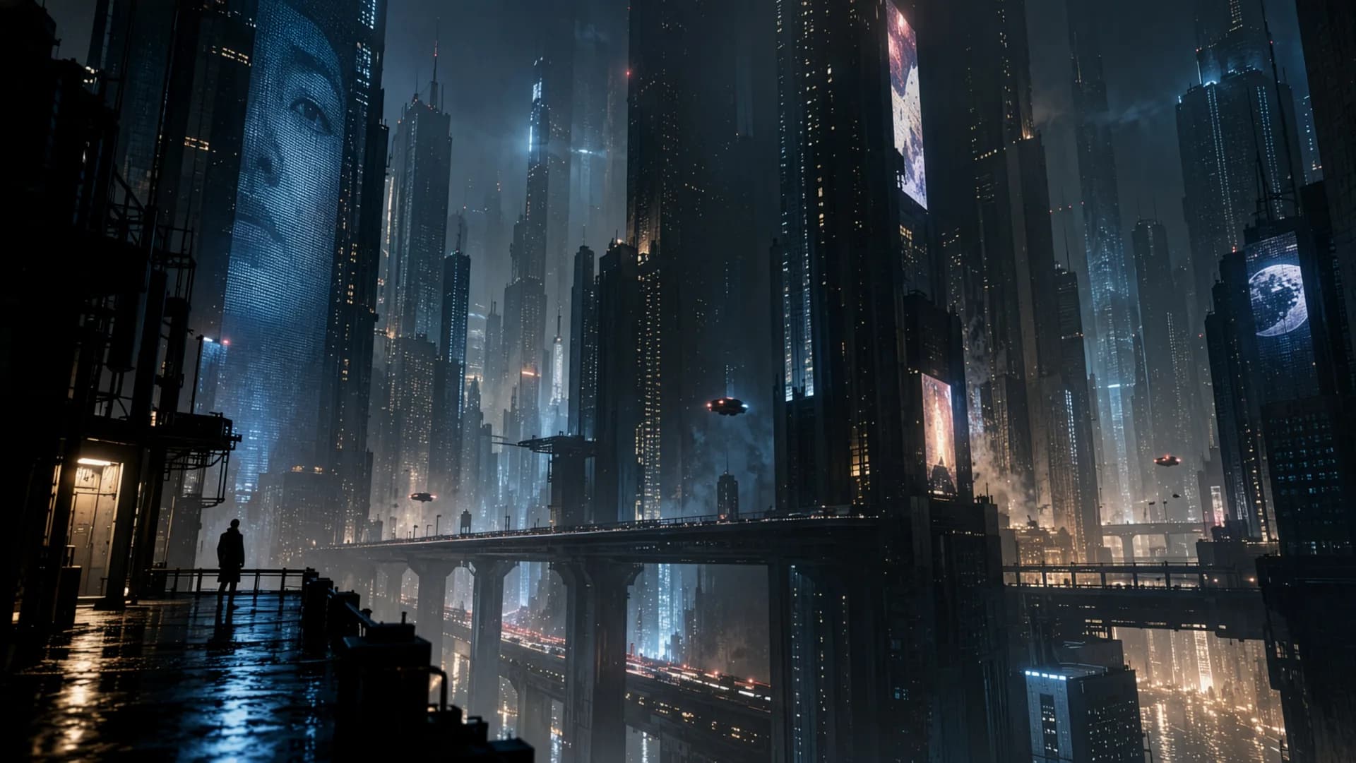 Cyberpunk city reflected across space above a lone figure