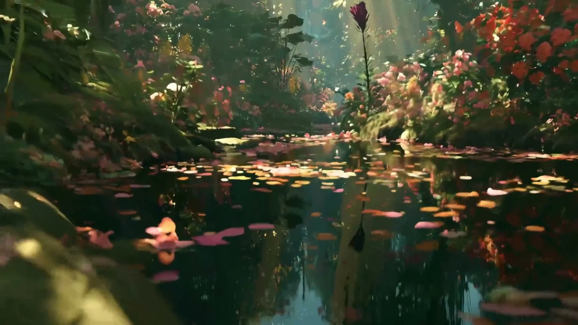 A dreamlike forest opening into a luminous underwater world